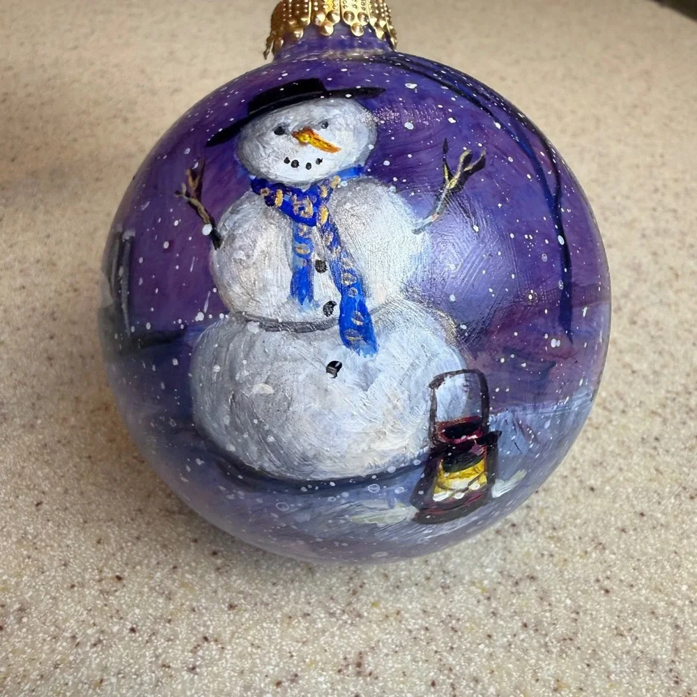 Freiman Stoltzfus Hand Painted Snowman Glass Christmas Ornament Signed 2010 Box